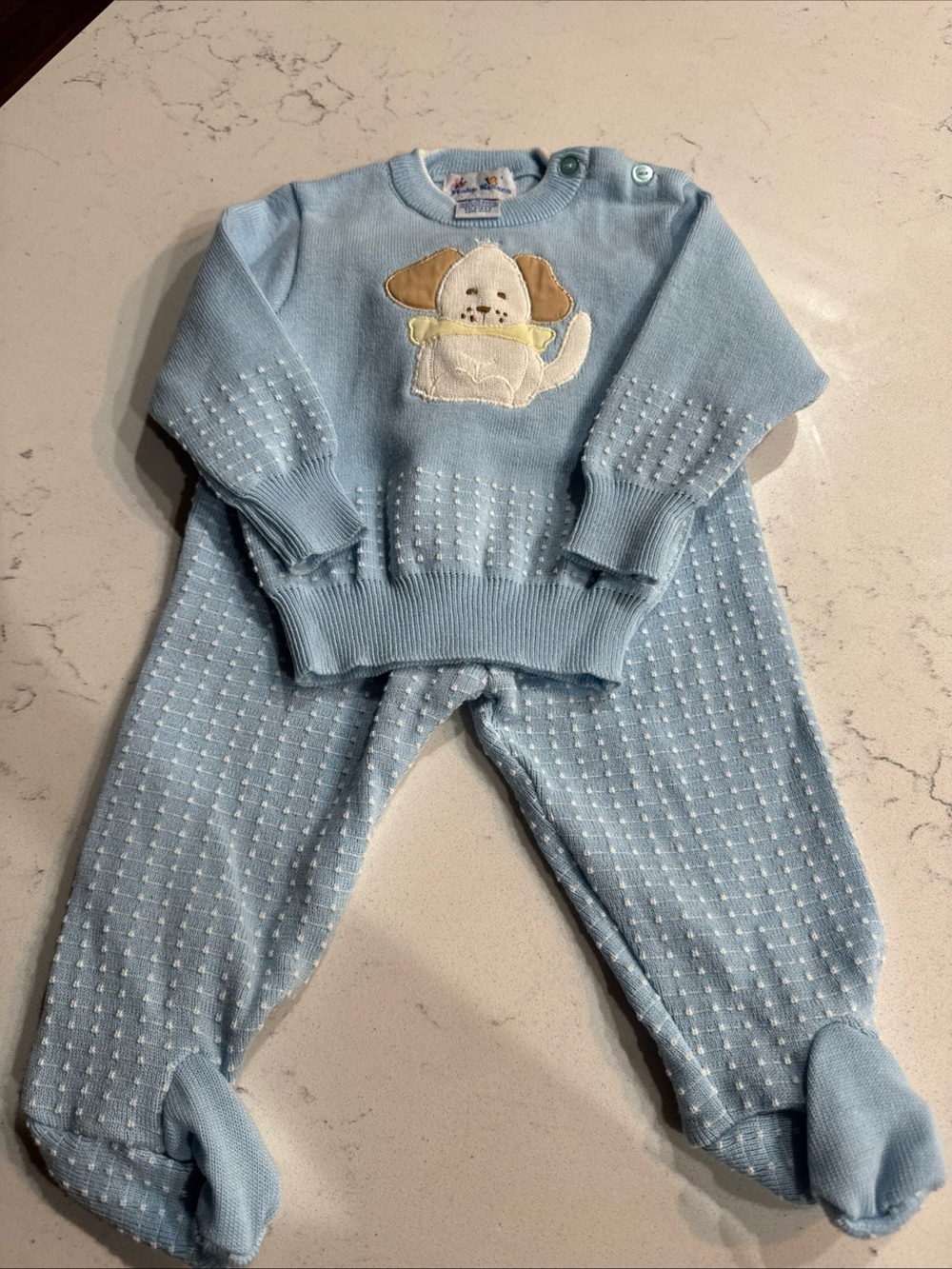 Vintage Baby Knit Puppy Sweater Set in Light Blue